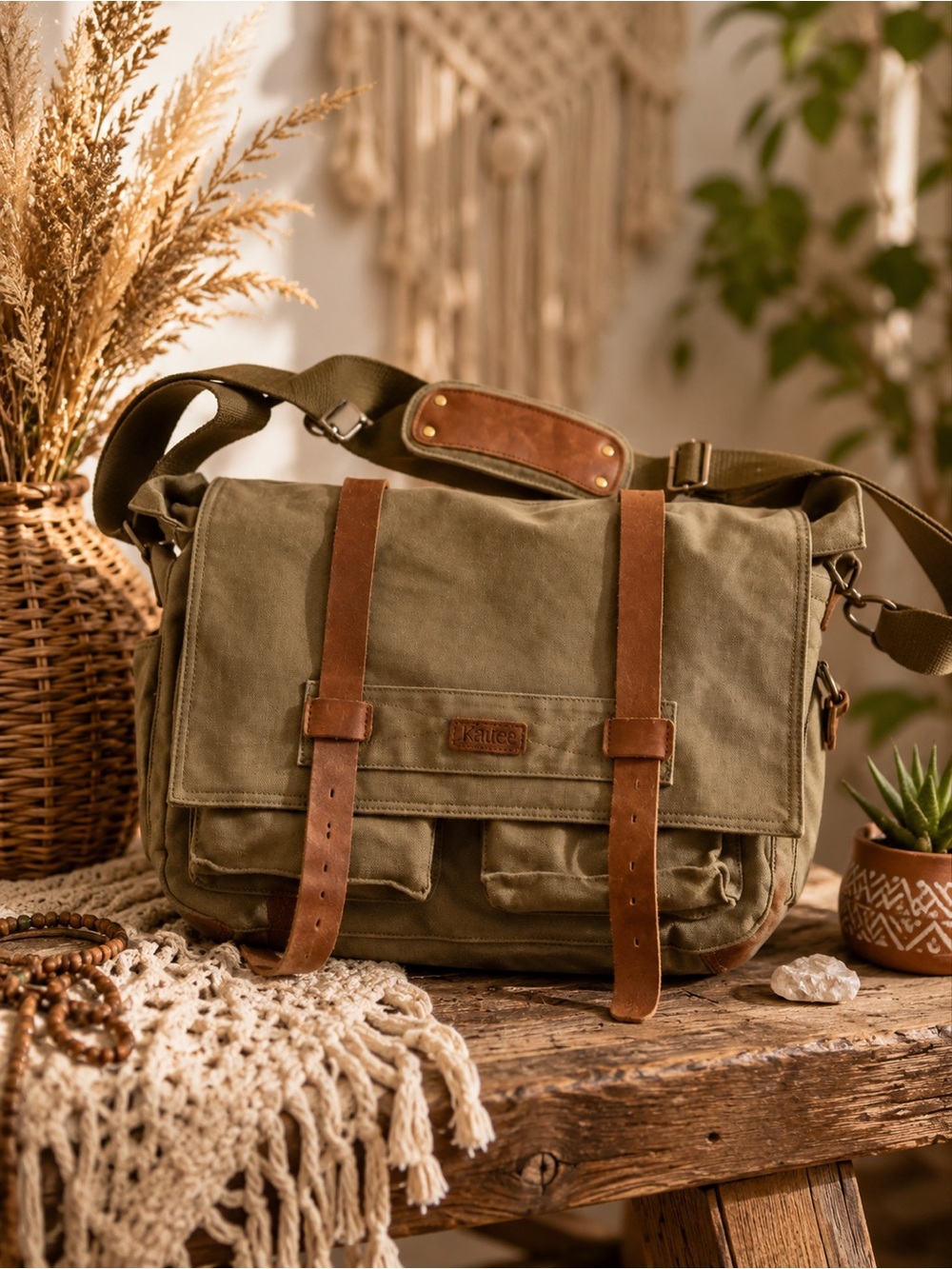 Kattee Olive Canvas Messenger Bag with Brown Leather details and Straps